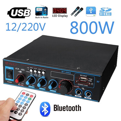 

Peak Power 800W BT-309A 12V 220V 2CH HIFI LCD Display Audio Stereo Power Amplifier Bluetooth FM Radio Car Moto Home Karaoke