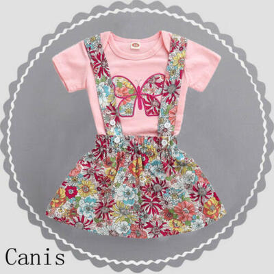 

Newborn Baby Girl Clothes Short Sleeves Romper Floral Suspender Skirt Outfit Set