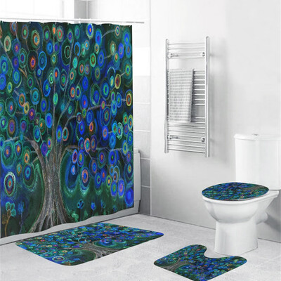 

〖Follure〗Halloween festival 4PCS Non Slip Toilet Polyester Cover Mat Set Bathroom Curtain