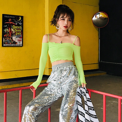 

Summer Sexy Off Shoulder Slash Neck T-Shirt Long Sleeve Spaghetti Strap Crop Top Tee 2 Color