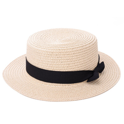 

Lady Boater Sun Caps Ribbon Round Top Straw Beach Hat Summer for Women Straw Hats Handmade