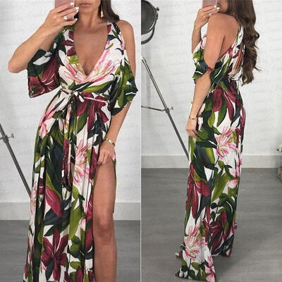 

Women Boho Off The Shoulder Holiday Beach Maxi Long Dress Slit Party Cocktail