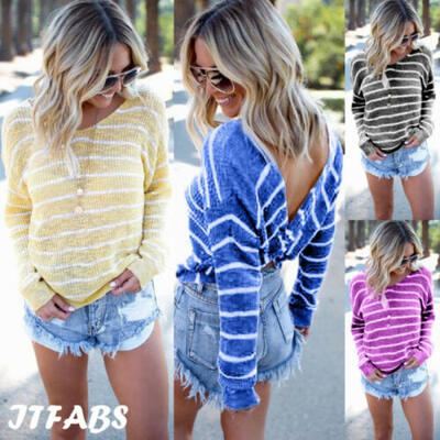

New Autumn Womens Irregular Open Back Fashion Striped Long Sleeve T-Shirts Tops