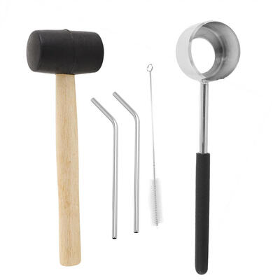 

Greensen Food Grade 304 Stainless Steel Coconut Opener Straw​&Wooden Handle Rubber Hammer Tool Set