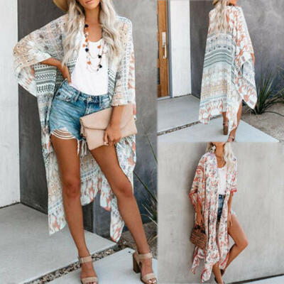 

Summer Womens Floral Boho Bikini Cover Up Kimono Cardigan Blouse Long Sunscreen