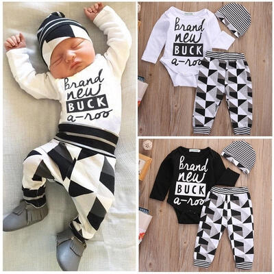 

Fashion Baby Boy Girls Cotton Clothes Tops RomperLong Pants Hat Outfit Set 3Pcs