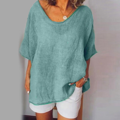 

Women Loose Fit Tee Tops Cotton Linen Half Sleeve T Shirts Blouse Plus Size