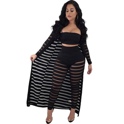 

Sexy Women 3 Pieces Set Hollow Out Sheer Stripe Mesh Strapless Crop Top Long Sleeve Cardigan High Waist Pants Plus Size Party Club
