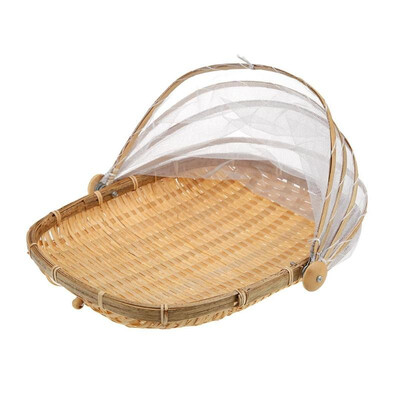 

Handmade Bamboo Woven Bug Proof Wicker Basket with Gauze Food Fruit Cover