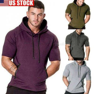 

Mens Slim Fit Short Sleeve Shirts Hooded Muscle Tops Hoodie Casual Basic T-shirt