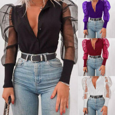 

UK Womens Button Neck Tulle Ruffle T-Shirt Ladies Casual Long Sleeve Tops Blouse