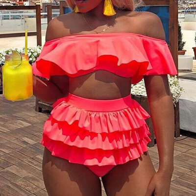 

Roseonmyhand Fashion Women Swimwear Beach Solid Ruffles Swimsuit Bikini Tankini Set