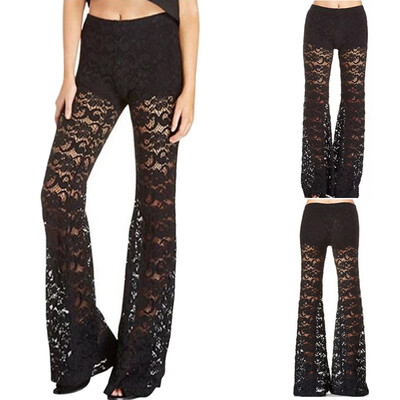 

Summer Womens Sexy Lace Hollow-out Flare Pants Nightclub Wide Leg Trousers