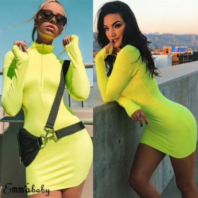 

Women Sexy Zip Front V-Neck Bodycon Dress Long Sleeve Solid Color Short Mini Dress