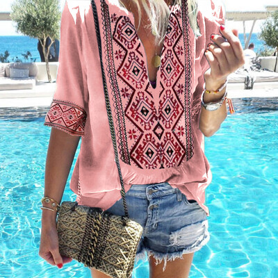 

Starmoon Women Ethnic Style Boho Half Sleeve V-Ncek Vintage Top T-Shirt Blouses