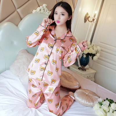 

Womens Silk Cartoon Print Pajamas Pyjamas Set Long Sleeve Sleepwear Nightwear