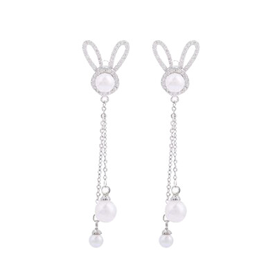 

Silver Earring Diamond Rabbit Ears Long Earring Women Pearl Stud Earring Fashion Jewelry Wedding Band