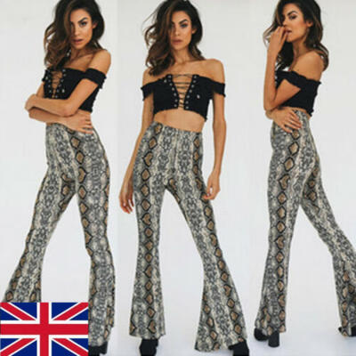 

UK Women Fashion Snake Print Flare High Waisted Bell Bottoms Trousers Casual