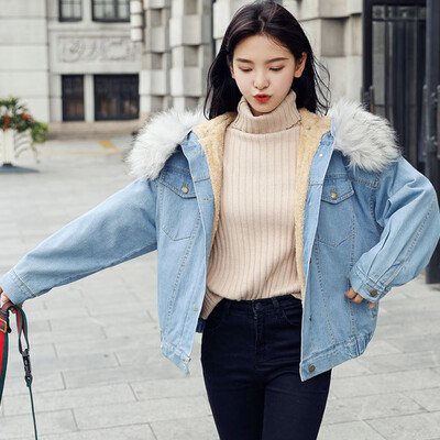 

Toponeto Women Winter Denim Upset Jacket Vintage Hooded Long Sleeve Loose Jeans Coat