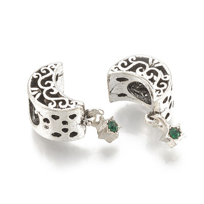 

Alloy European Beads Large Hole Beads with Rhinestone Moon&Star Antique Silver Emerald 18mm Hole 45mm