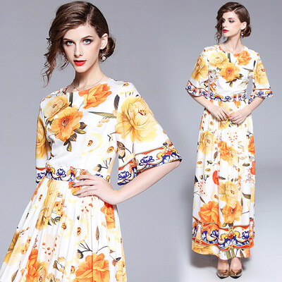 

DFYOP New Style Womens Elegant Flower Cluster Printed Round Neckline Dress