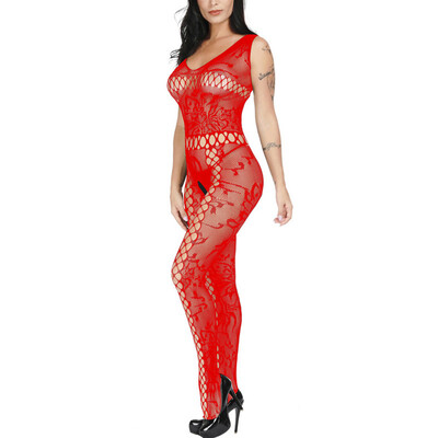 

Women Fishnet Open Crotch See Through Bodysuit Sleeveless Body Stocking Hollowed