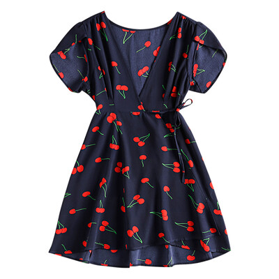 

Plunge Neck Short Sleeve Print Chiffon A-line Women Wrap Dress