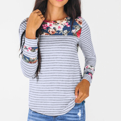 

Nomeni Women Autumn Long Sleeve Printed Patchwork Pullover T Shirt Tops Blouse