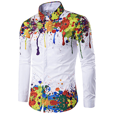 

Colorful Splatter Paint Pattern Turndown Collar Long Sleeve Shirt
