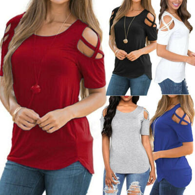 

Womens Cold Shoulder Loose T-Shirt Short Sleeve Casual Summer Tops Blouse Tee US