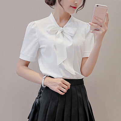 

Starmoon Women Summer Work Office Short Sleeve Bow Tie Solid Chiffon Blouse Tee Shirt Top