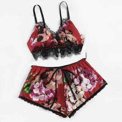 

2Pcs New Womens Sexy Hollow Out Sling Floral Printed Lace Trim DressPanty Linge