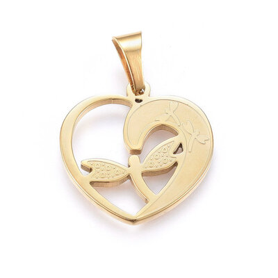 

304 Stainless Steel Pendants Heart with Dragonfly Golden 245x25x2mm Hole 9x5mm