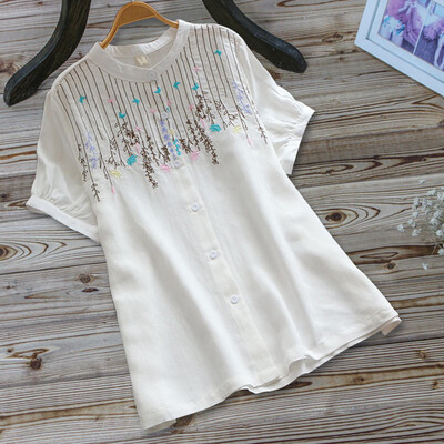 

Starmoon Women Vintage Embroidery Casual Button Short Sleeve Linen Top T-Shirt Blouse