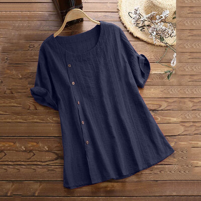

Starmoon Women Loose Solid Color Cotton&Linen O-Neck Short Sleeve T-Shirt Blouse