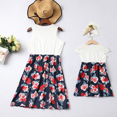 

Mommy＆Me Child Girls Sleeveless Splicing Floral Printing Family Clothes Dress