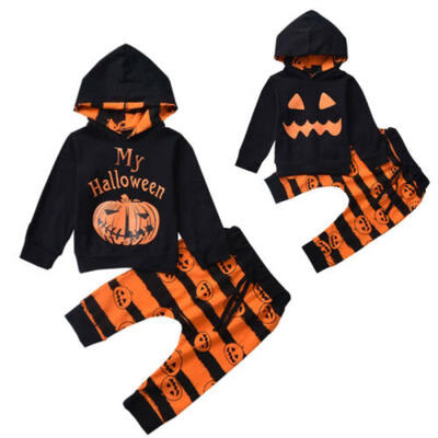 

US Toddler Baby Girl Boy Halloween Clothes Hooded Tops Stripe Long Pants Outfits