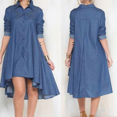 

US Womens Blue Jeans Denim T-Shirt Long Sleeve Loose Tops Shirt Mini Dress