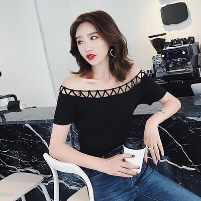 

Womens Off Shoulder Top Fashion Solid Short Sleeve Knitted Sexy Pullover T-Shirt