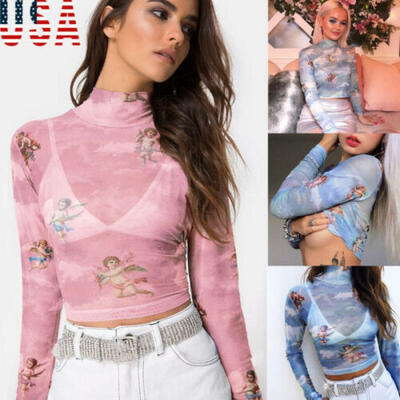 

USA Women Long Sleeves Turtleneck Sheer Mesh Angel Crop Top T-Shirt Top Blouse