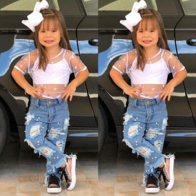 

Toddler Baby Girl Summer Vest TopsPerspective T-shirtDenim Pants 3Pcs Outfits