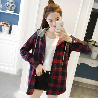

Women Vintage Plaid Print Hooded Shirt Loose Single-breasted Cotton Long Sleeve Sun Protection Blouse Korean Hooded Long Slee
