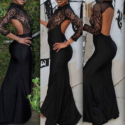 

Women Sexy Lace Hollow Out Backless Long Night Gown Dress Hot Nightwear Robe Dresses Black