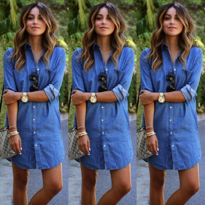 

Women Denim Jeans Dress Button Summer Long Sleeve Casual Tops Mini Shirt Dress