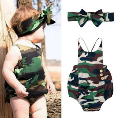 

US STOCK Summer Toddler Baby Girl Casual Camouflage Sling Romper Headband Outfit