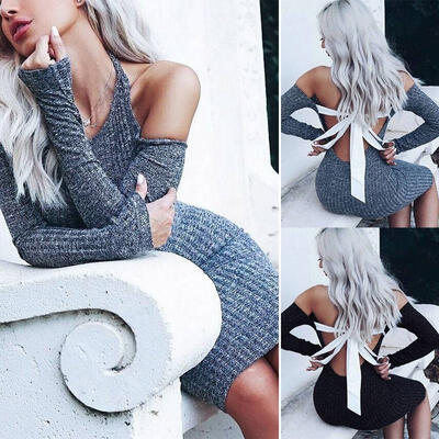 

Womens Autumn Winter Long Sleeve Knit BodyCon Party Sweater Short Mini Dress New