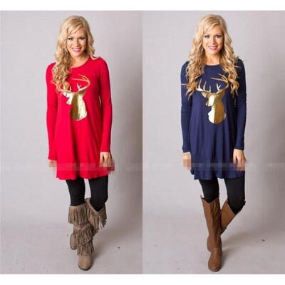 

Xmas Womens Sweatshirt Mini Dress Gold Reindeer Long Pullover Tops Blouse T-Shirt