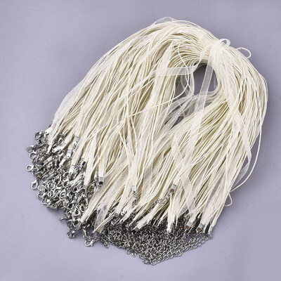 

Waxed Cord&Organza Ribbon Necklace Making with Iron Lobster Claw Clasps Platinum Beige 176"178"45455cm 7mm