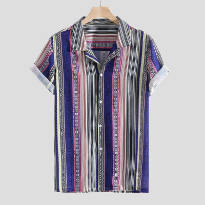 

Toponeto Mens Colorful Stripe Summer Short Sleeve Loose Buttons Casual Shirt Blouse