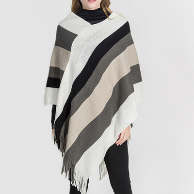

Toponeto Fashion Women Blanket Stripe Splicing Pattern Coat Wrap Cozy Shawl